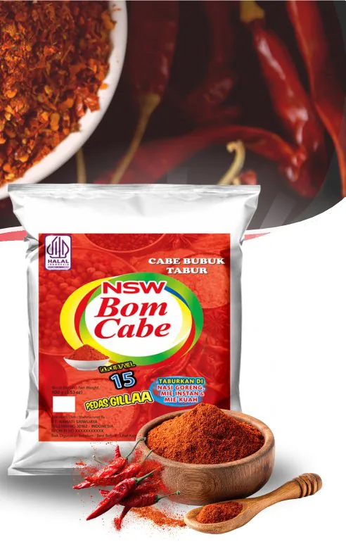Kemasan Bom Cabe NSW dengan bubuk cabe dan cabai kering.