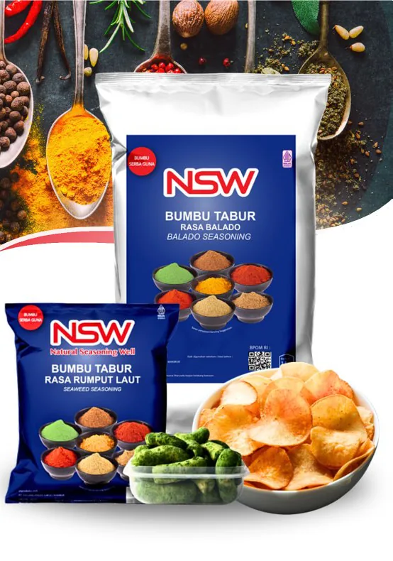 Kemasan Bumbu Tabur NSW rasa balado dengan rempah dan keripik.