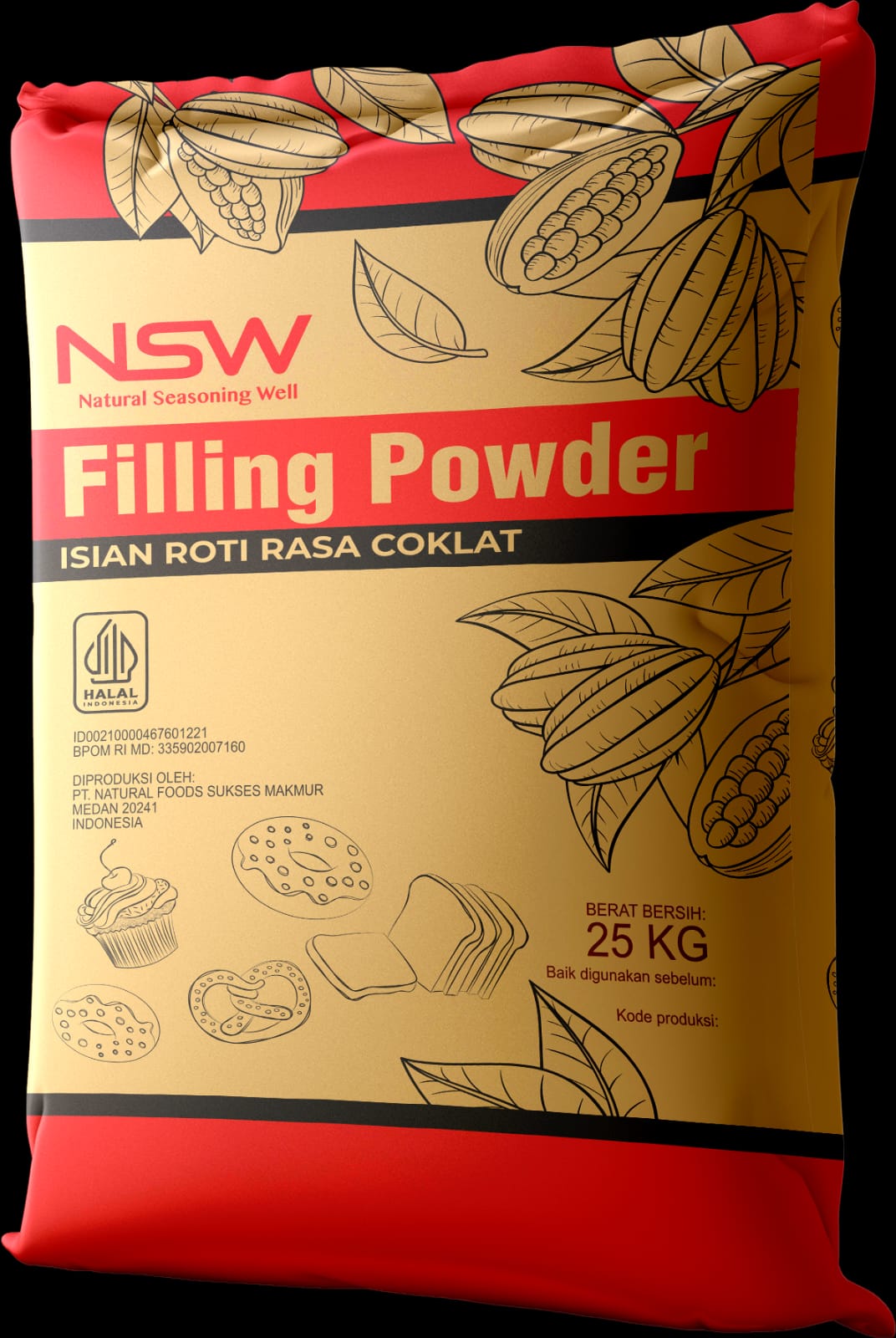Karung kertas NSW Filling Powder isian roti rasa coklat, berat bersih 25 kg.