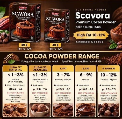 Lembar rentang kakao bubuk NSW: boks Scavora 80 g dan 40 g serta lima tipe kakao bubuk berdasarkan kadar lemak.