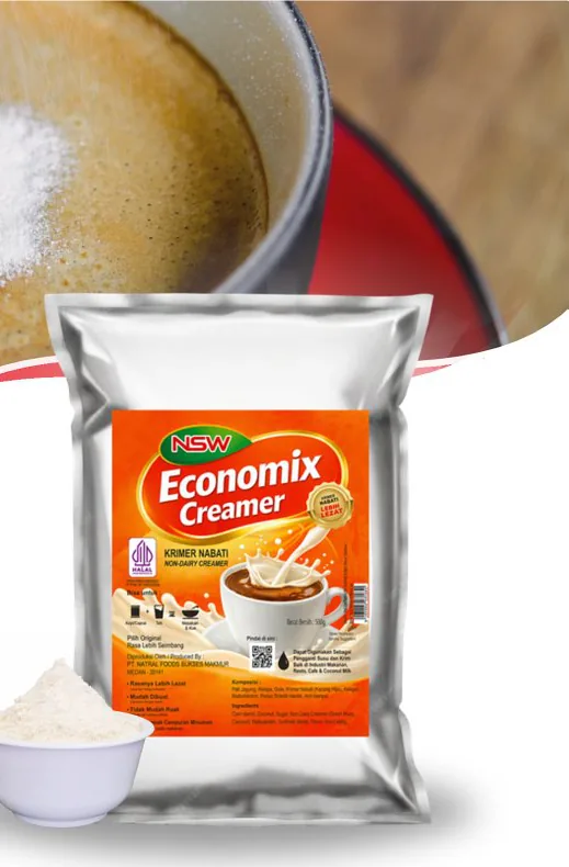 Kemasan Economix Creamer NSW di samping semangkuk krimer.