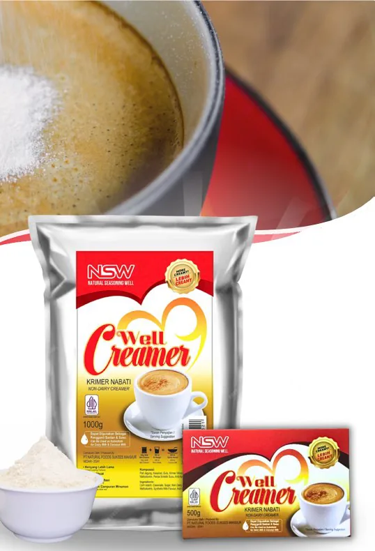 Kemasan Well Creamer NSW dan boks sachet di samping semangkuk krimer.