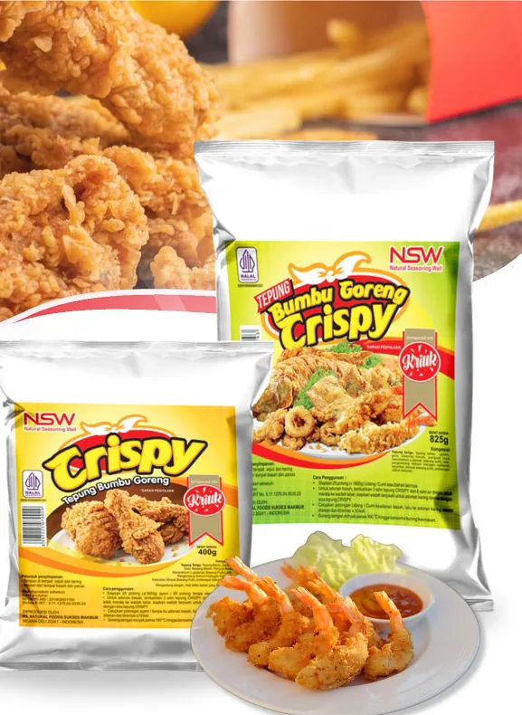 Kemasan Tepung Bumbu Crispy NSW dengan ayam goreng dan udang.