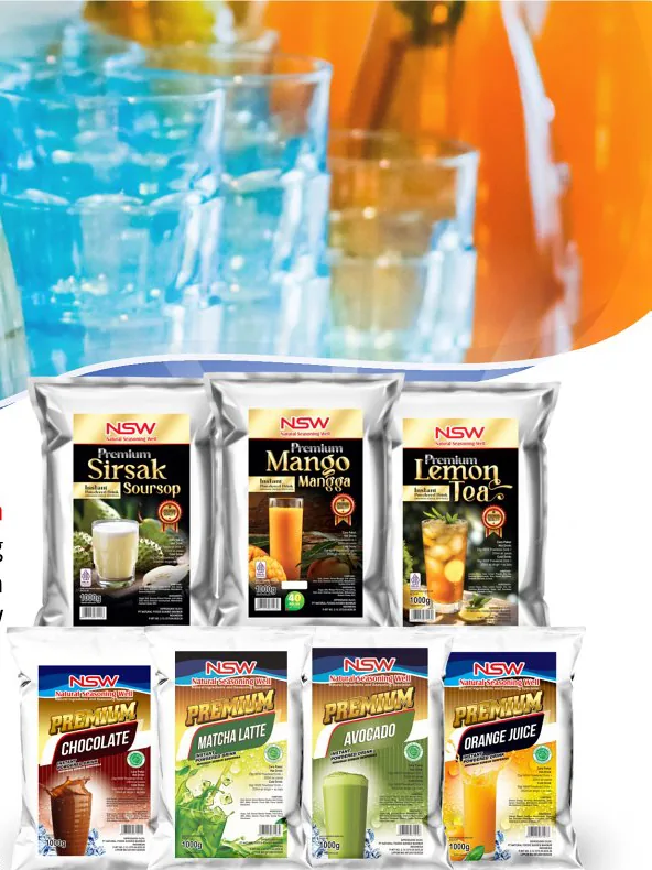 Deretan kemasan minuman serbuk PrimTopp premium: sirsak, mango, lemon tea, chocolate, dan lainnya.
