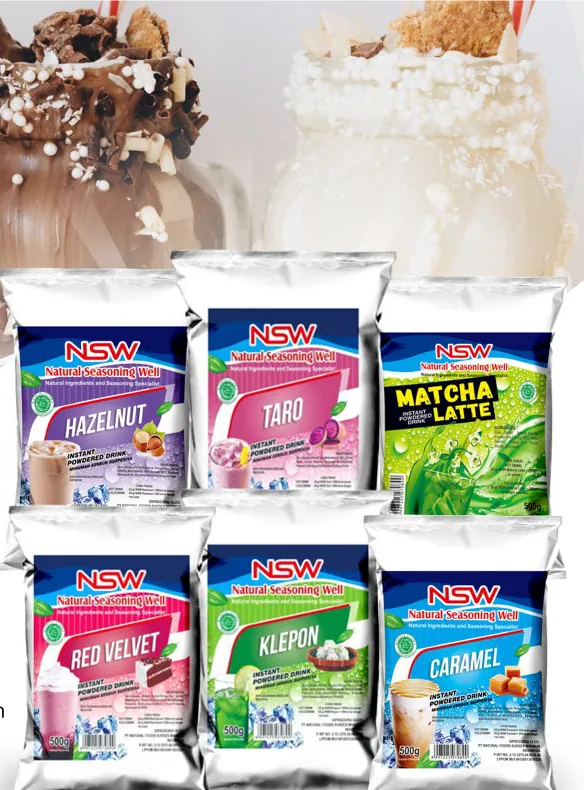 Deretan kemasan minuman serbuk PrimTopp rasa hazelnut, taro, matcha latte, red velvet, klepon, dan caramel.