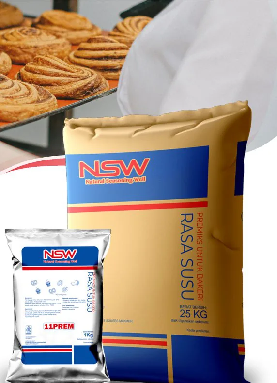 Karung Bakerplus Premix Susu NSW dengan latar roti sobek.