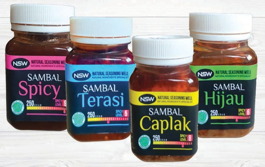 Empat toples sambal NSW: Spicy, Terasi, Caplak, dan Hijau.