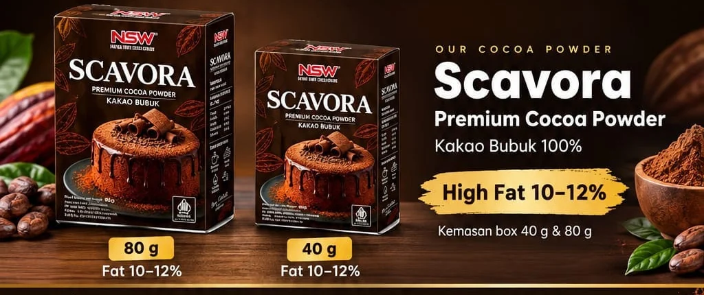 Dua boks Scavora Premium Cocoa Powder (80 g dan 40 g) dengan kue coklat, biji kakao, dan keterangan High Fat 10–12%.